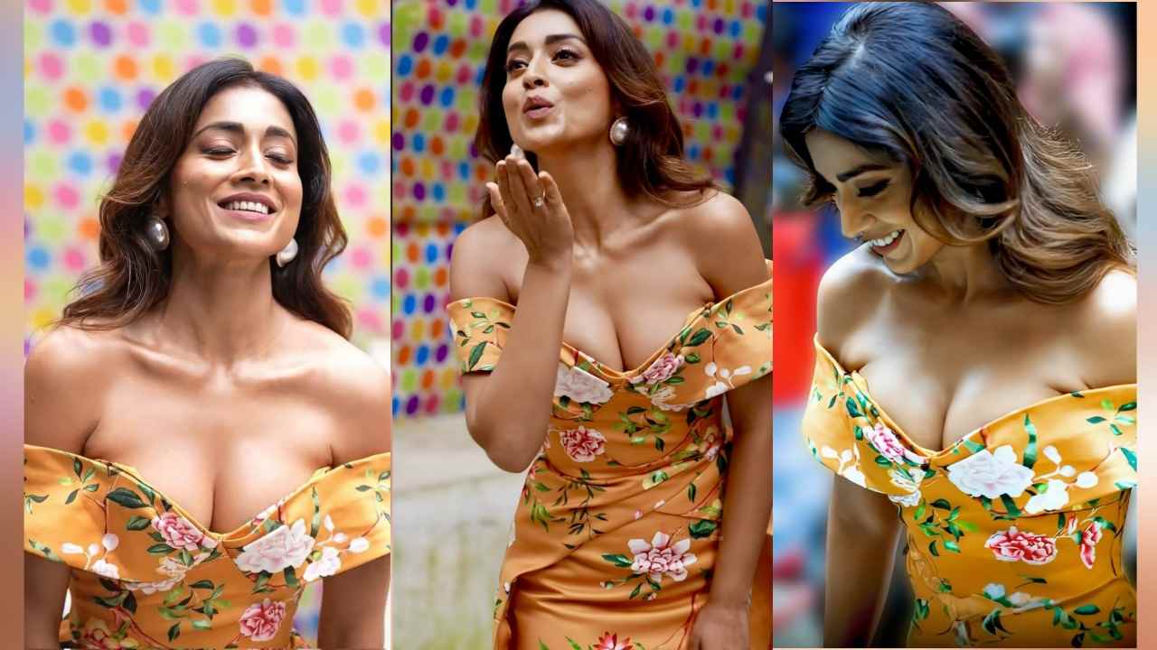 Shriya saran looks hot in a mustard yellow off shoulder gown