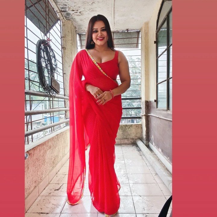 priya gamre in plunging neckline blouse